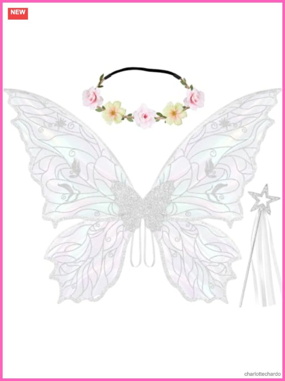 3Pc Iridescent Butterfly Fairy Wings Flower Crown Wand Costume Set